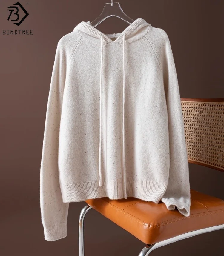 Birdtree Вязаный свитер из 100% овечьей шерсти в горошек, женские топы с капюшоном и длинными рукавами на шнурке, осенний теплый пуловер 2025 T59844JF 
Birdtree Вязаный свитер из 100% овечьей шерсти в горошек, женские топы с капюшоном и длинными рукавами на шнурке, осенний теплый пуловер 2025 T59844JF