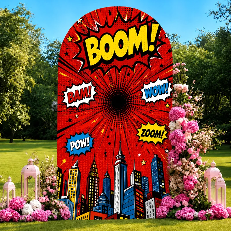 Retro Comic Arch Backdrop Cover Pop Art City Explosion Fabric for Baby Shower Kids Boy Birthday, Themed Party & Photo Background
Retro Comic Arch Backdrop Cover Pop Art City Explosion Fabric for Baby Shower Kids Boy Birthday, Themed Party & Photo Background