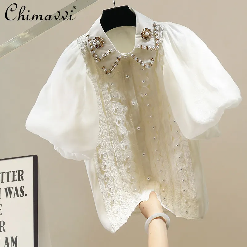 New Korean Fashion Heavily Embellished Diamond-studded Design Bubble Sleeve Blouse Women's Slim-fit Turn-down Collar Lace Top
New Korean Fashion Heavily Embellished Diamond-studded Design Bubble Sleeve Blouse Women's Slim-fit Turn-down Collar Lace Top