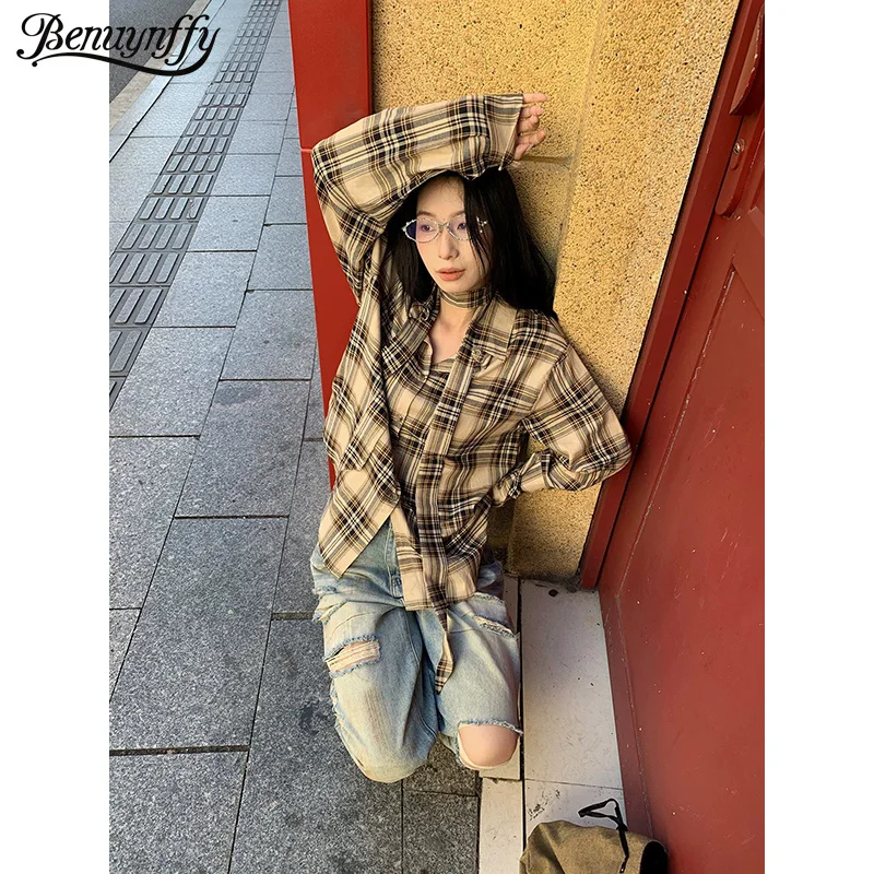 Benuynffy Streetwear Vintage Scarf Plaid Shirt Women Fashion 2026 Spring New Korean Long Sleeve Loose Casual Female Tops Blouses
Benuynffy Streetwear Vintage Scarf Plaid Shirt Women Fashion 2026 Spring New Korean Long Sleeve Loose Casual Female Tops Blouses