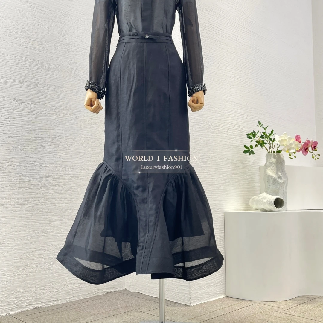 Linen Silk Latest New High Quality Black Full Sleeve Diamonds and Pleat Ruched Mermaid Skirt Intellectual Outfit Women Set
Linen Silk Latest New High Quality Black Full Sleeve Diamonds and Pleat Ruched Mermaid Skirt Intellectual Outfit Women Set