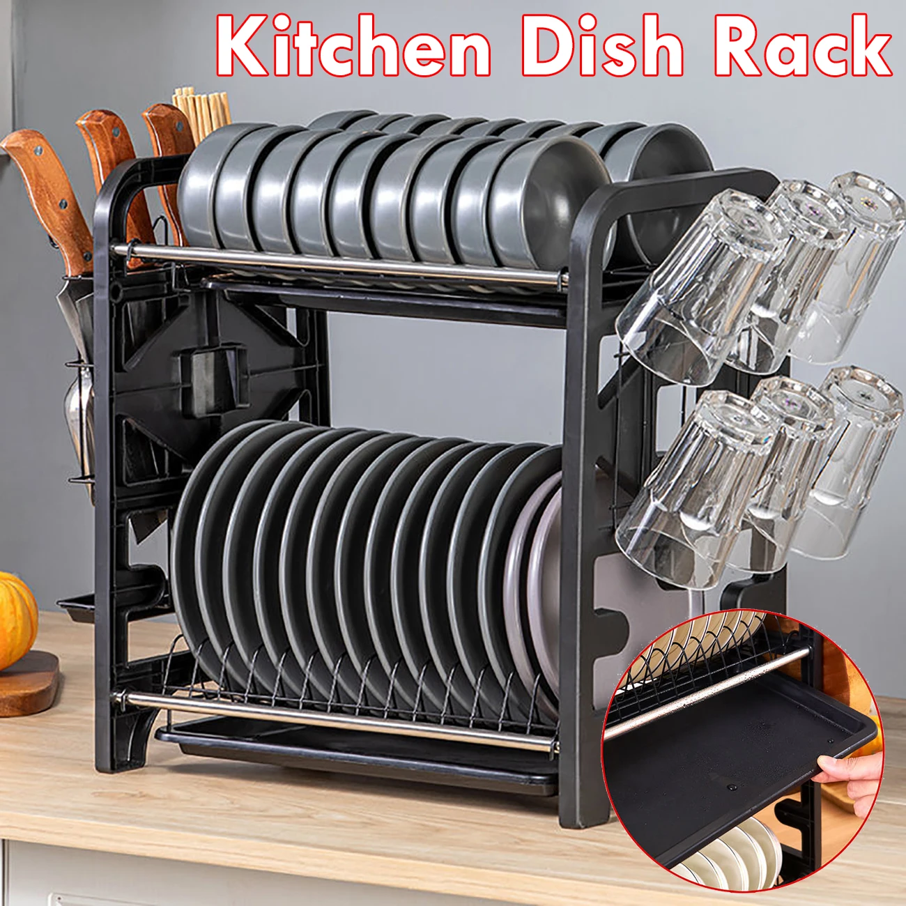 2 Layers Stainless Steel Dish Storage Rack Kitchen Storage Holder Dish Bowl Drain Rack Tableware Plate Drying Shelf with Tray
2 Layers Stainless Steel Dish Storage Rack Kitchen Storage Holder Dish Bowl Drain Rack Tableware Plate Drying Shelf with Tray