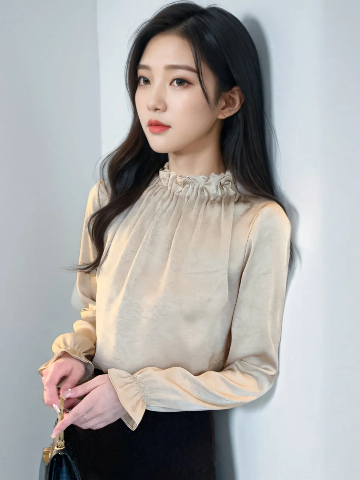 Spring Autumn Winter Pure Color Slim Fit Stand Collar Pleated Beaded Long Sve Women's irt Commute Sle Silk Chiffon
Spring Autumn Winter Pure Color Slim Fit Stand Collar Pleated Beaded Long Sve Women's irt Commute Sle Silk Chiffon