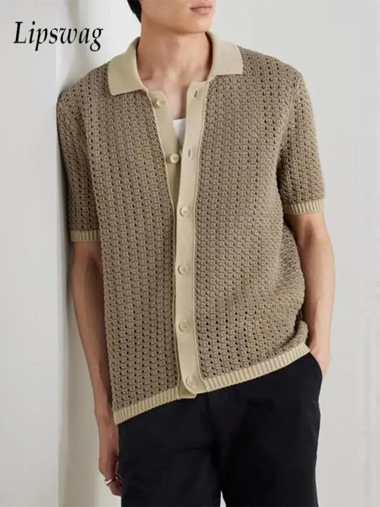 Vintage Patchwork Lapel Knit Mens Shirt Hollow Out Short Sleeve Knitting Shirts For Men Summer Trendy Button Lapel Cardigan Tops
Vintage Patchwork Lapel Knit Mens Shirt Hollow Out Short Sleeve Knitting Shirts For Men Summer Trendy Button Lapel Cardigan Tops