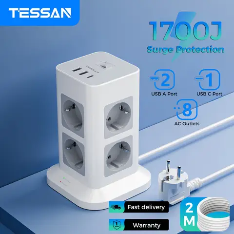 TESSAN-regleta de alimentación de torre, múltiples tomas con 2 USB + 1 tipo C, Cable de extensión de 2M, enchufe europeo, toma de corriente Vertical, protección contra sobretensiones