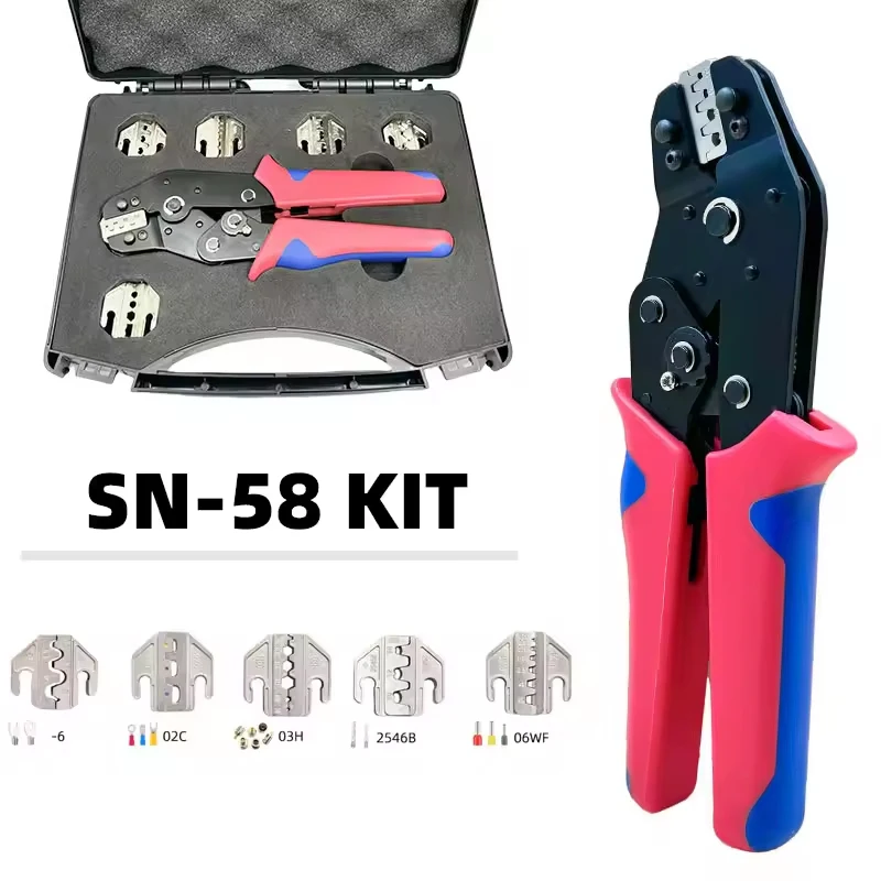 SN58B Crimping Pliers kit Portable Hand Crimper Tool Set With 5 Sets of Jaws 03H/02C/-6/2546B/06WF Electrician Tool Kit
SN58B Crimping Pliers kit Portable Hand Crimper Tool Set With 5 Sets of Jaws 03H/02C/-6/2546B/06WF Electrician Tool Kit