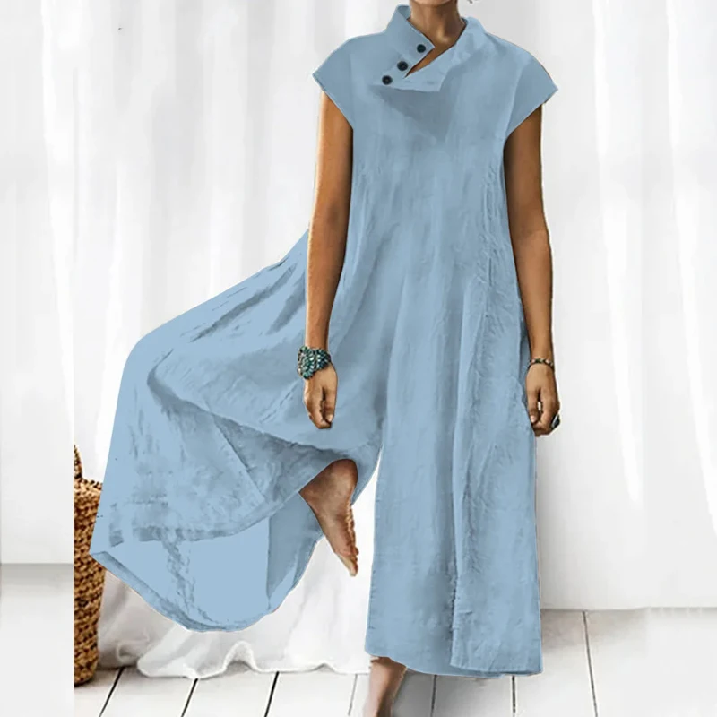 Casual Button Stand Neck Short Sleeve Romper Solid Loose Wide Leg Pants Playsuits Summer Women Clothing Cotton Linen Jumpsuits
Casual Button Stand Neck Short Sleeve Romper Solid Loose Wide Leg Pants Playsuits Summer Women Clothing Cotton Linen Jumpsuits