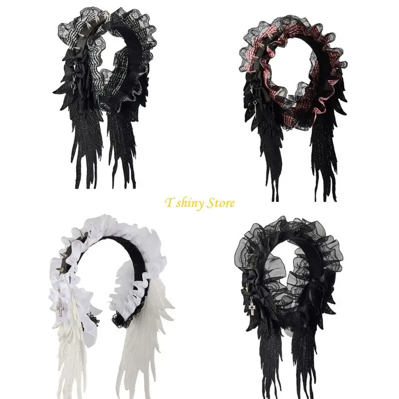 N58F Trendy Charm Gothic Headband Headpiece Decorated With Lace Ruffle And Angel Wing For Women
N58F Trendy Charm Gothic Headband Headpiece Decorated With Lace Ruffle And Angel Wing For Women