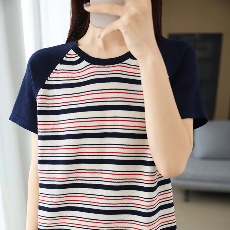 100% pure cotton short sleeved T-shirt women's summer Korean version new round neck striped shoulder knit sweater
100% pure cotton short sleeved T-shirt women's summer Korean version new round neck striped shoulder knit sweater