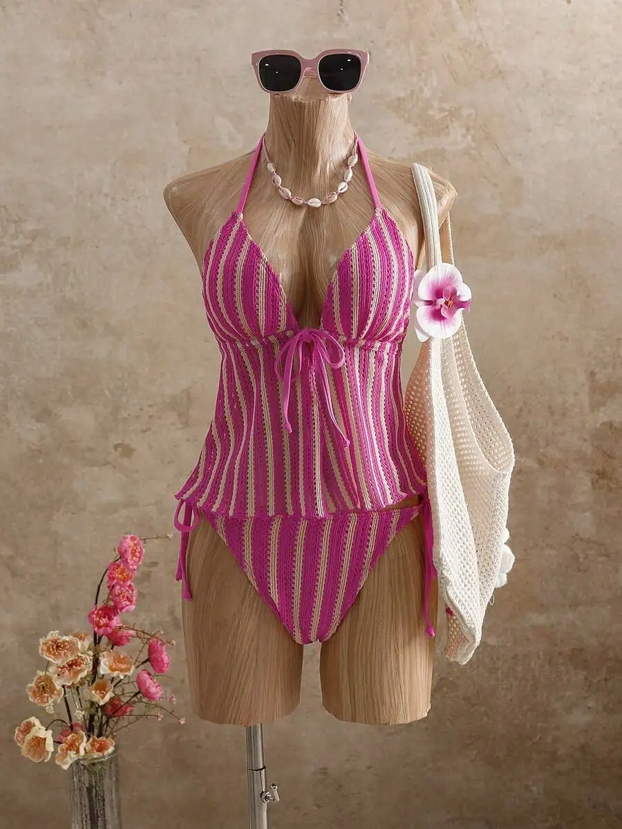 Womens Striped Halter Tie Tankini Set Pink Beach Swimwear Summer Outfit
Womens Striped Halter Tie Tankini Set Pink Beach Swimwear Summer Outfit