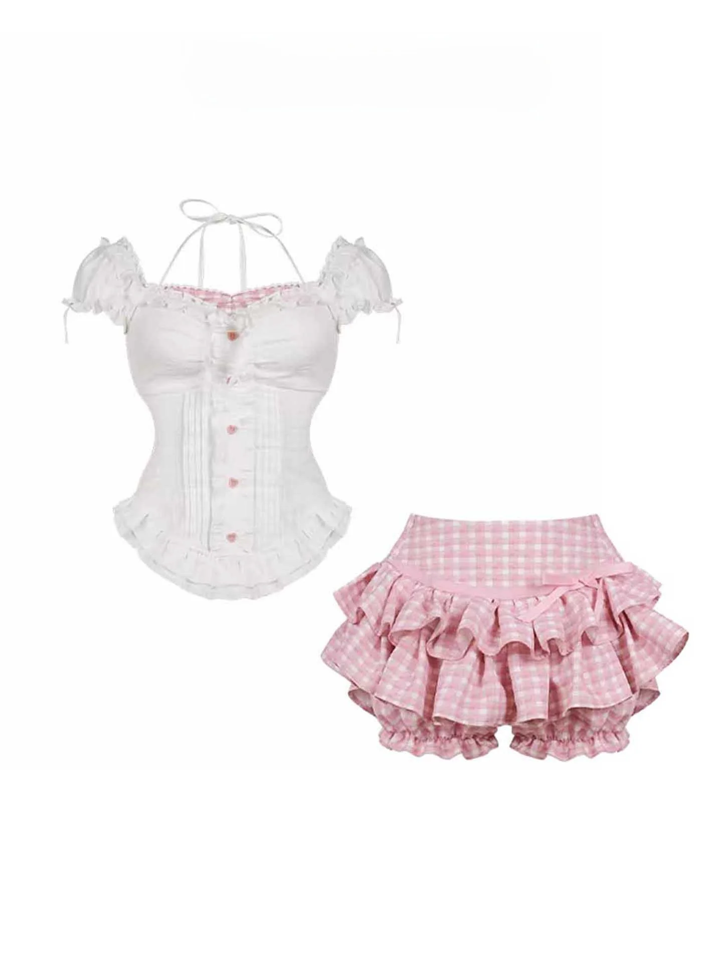 Sweet School Uniform Style Girls Summer Outfit White Shirt Top Pink Cake Skirt Two Piece Set Bubble Sleeve High Waist Shorts
Sweet School Uniform Style Girls Summer Outfit White Shirt Top Pink Cake Skirt Two Piece Set Bubble Sleeve High Waist Shorts