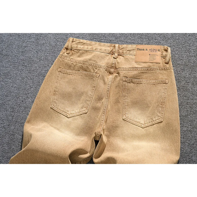 Джинсы цвета хаки в стиле ретро, мужские свободные прямые брюки, модная уличная мужская одежда высокого класса, модные широкие брюки 
Джинсы цвета хаки в стиле ретро, мужские свободные прямые брюки, модная уличная мужская одежда высокого класса, модные широкие брюки