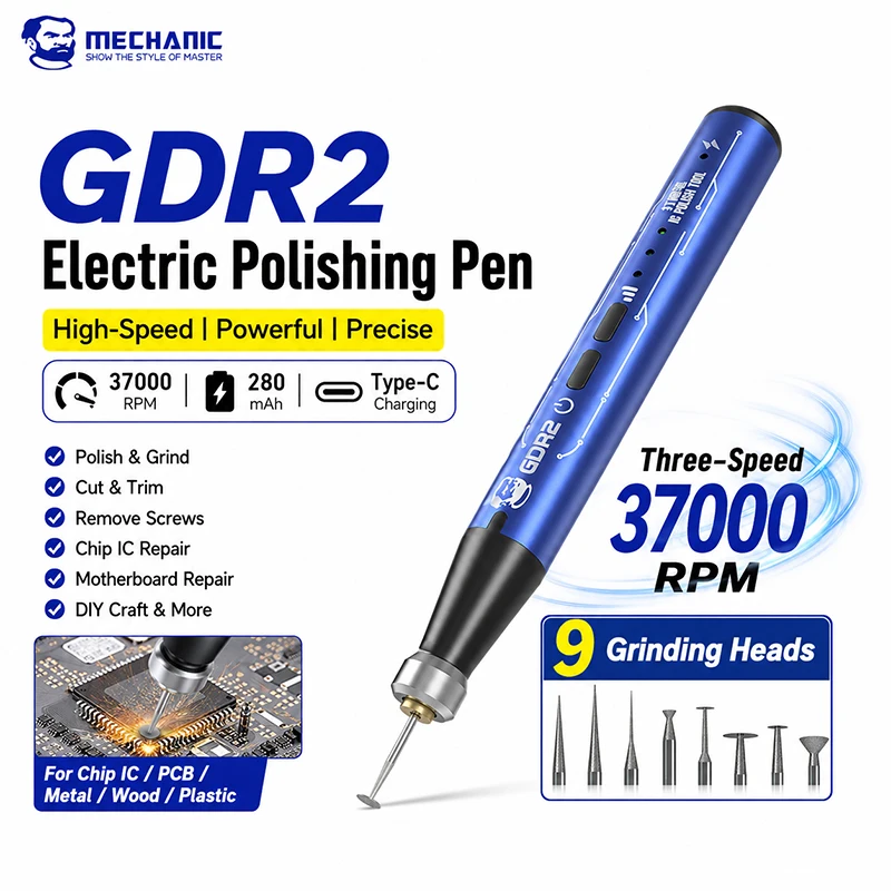 MECHANIC GDR2 Electric Polishing Pen 9pcs Grinding Heads for IC Chip Grinding PCB Cutting Mobile Phone Repair Tools
MECHANIC GDR2 Electric Polishing Pen 9pcs Grinding Heads for IC Chip Grinding PCB Cutting Mobile Phone Repair Tools