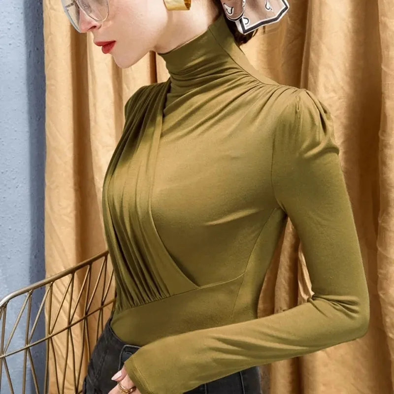 Modal Turtleneck Bottoming Shirt Women Elegant Pleated Solid Chic Irregular Blouse Fashion Spring Fall Skinny Female Pullover
Modal Turtleneck Bottoming Shirt Women Elegant Pleated Solid Chic Irregular Blouse Fashion Spring Fall Skinny Female Pullover