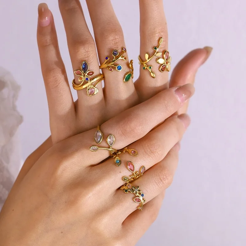 Branch Leaf Flower Ring Stainless Steel Multicolor Zircon Adjustable Open Band Vintage Botanical Jewelry Double Design For Women
Branch Leaf Flower Ring Stainless Steel Multicolor Zircon Adjustable Open Band Vintage Botanical Jewelry Double Design For Women