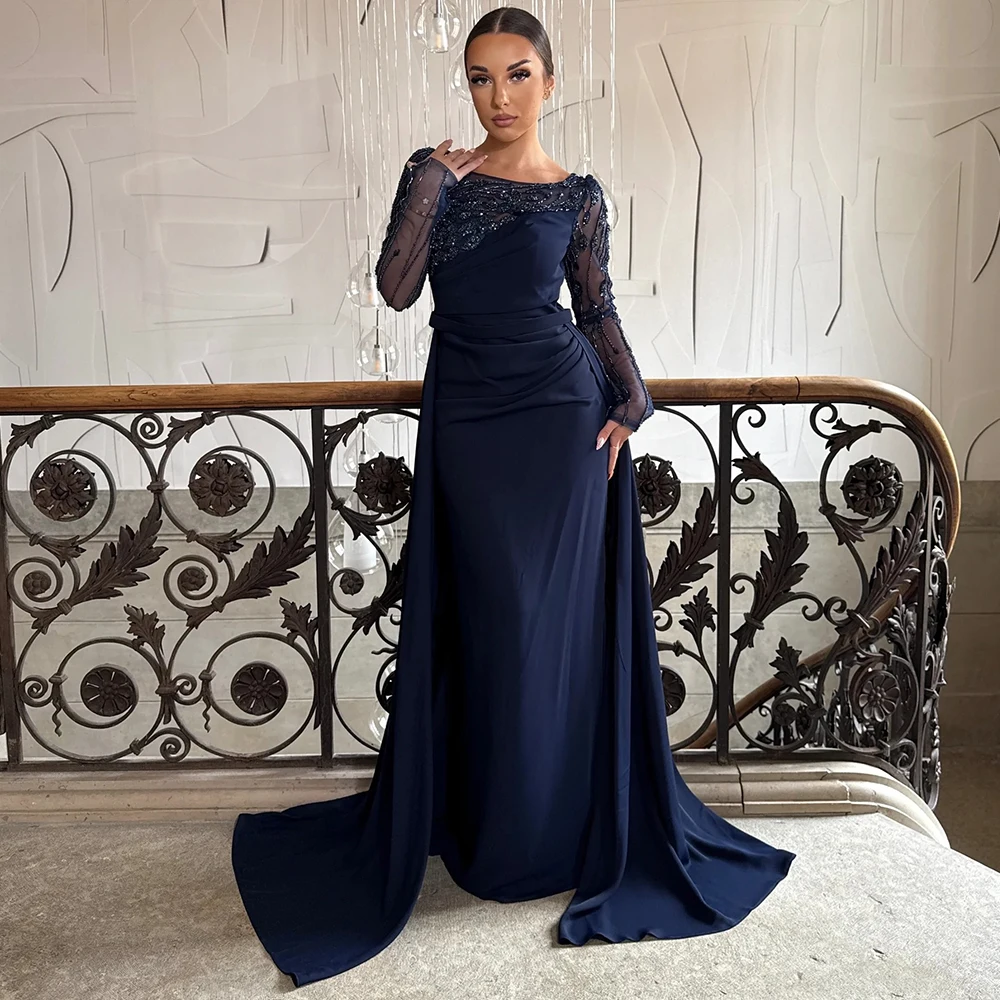 Exquisite Navy Blue Chiffon Beading Evening Dress Saudi Customized Boat Neck Sheer Long Sleeves Formal Occasion Party Gowns
Exquisite Navy Blue Chiffon Beading Evening Dress Saudi Customized Boat Neck Sheer Long Sleeves Formal Occasion Party Gowns