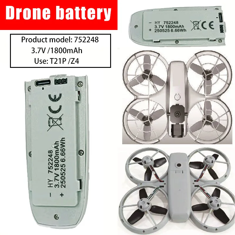 Drone battery 3.7V 1800mAh battery for T21P RC drone quadcopter 752248 replacement battery accessory.
Drone battery 3.7V 1800mAh battery for T21P RC drone quadcopter 752248 replacement battery accessory.