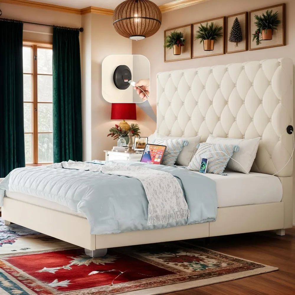 Queen Size Bed Frame with 53" Tall & 2 Charging Station, Velvet Upholstered Platform Bed with Button Tufted Headboard,No Box Sp
Queen Size Bed Frame with 53" Tall & 2 Charging Station, Velvet Upholstered Platform Bed with Button Tufted Headboard,No Box Sp
