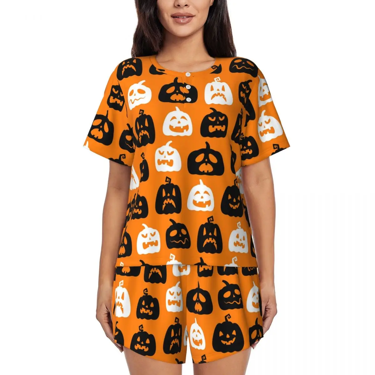 Весенние пижамы Happy Haunts, черно-белые пижамные комплекты с тыквой на Хэллоуин, женские пижамные комплекты с короткими рукавами и круглым вырезом, эстетический домашний костюм
Весенние пижамы Happy Haunts, черно-белые пижамные комплекты с тыквой на Хэллоуин, женские пижамные комплекты с короткими рукавами и круглым вырезом, эстетический домашний костюм