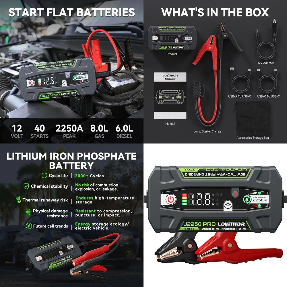 J2250 PRO Jump Starter с ConnectMax, автомобильный стартер LiFePO4 емкостью 2250 А для газовых и дизельных двигателей емкостью 8,0 л и 6,0 л, комплект перехода с 6 шт.
J2250 PRO Jump Starter с ConnectMax, автомобильный стартер LiFePO4 емкостью 2250 А для газовых и дизельных двигателей емкостью 8,0 л и 6,0 л, комплект перехода с 6 шт.