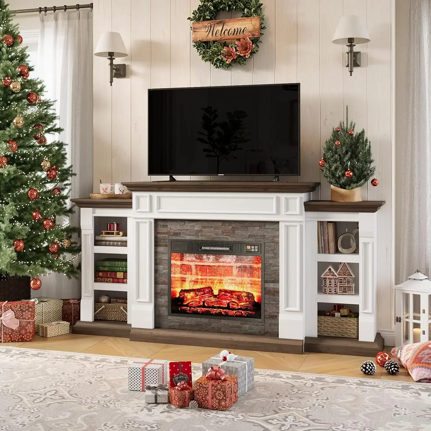 70" Electric Fireplace with Mantel, Fireplace TV Stand , Farmhouse Entertainment Center , Realistic Stacked Stone Surround
70" Electric Fireplace with Mantel, Fireplace TV Stand , Farmhouse Entertainment Center , Realistic Stacked Stone Surround