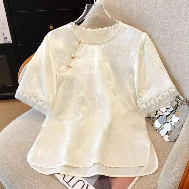 Women Chinese Style Jacquard Satin Blouse Round Neck Lace Trim Short Sleeve Top
Women Chinese Style Jacquard Satin Blouse Round Neck Lace Trim Short Sleeve Top