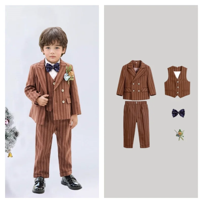 Gentleman Boys Brown Striped Suit Set Kids 5Pieces Wedding Dress With Jacket Vest Pants Bowtie Brooch Children's Birthday Blazer
Gentleman Boys Brown Striped Suit Set Kids 5Pieces Wedding Dress With Jacket Vest Pants Bowtie Brooch Children's Birthday Blazer