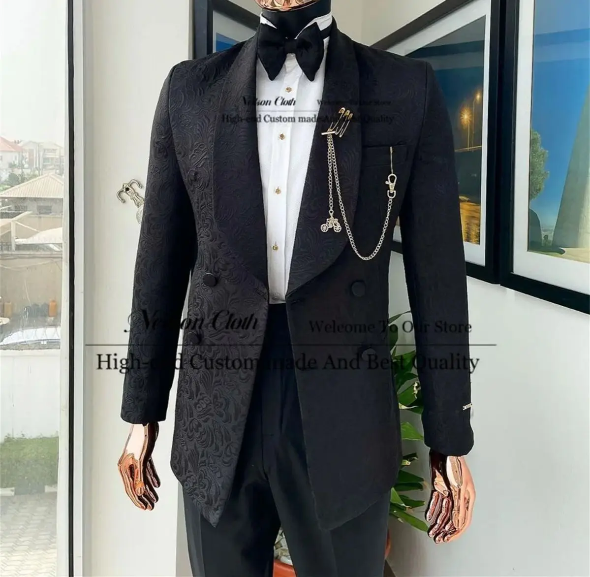 Black 2 Pieces Sets Male Prom Blazers Jacquard Double Breasted Groom Wedding Tuxedos Customized Shawl Lapel Terno Masculino 
Black 2 Pieces Sets Male Prom Blazers Jacquard Double Breasted Groom Wedding Tuxedos Customized Shawl Lapel Terno Masculino