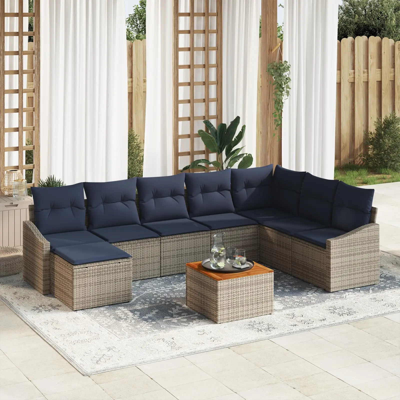 9 Piece Grey Poly Rattan Garden Sofa Set with Cushions Acacia Wood Outdoor Furniture
9 Piece Grey Poly Rattan Garden Sofa Set with Cushions Acacia Wood Outdoor Furniture