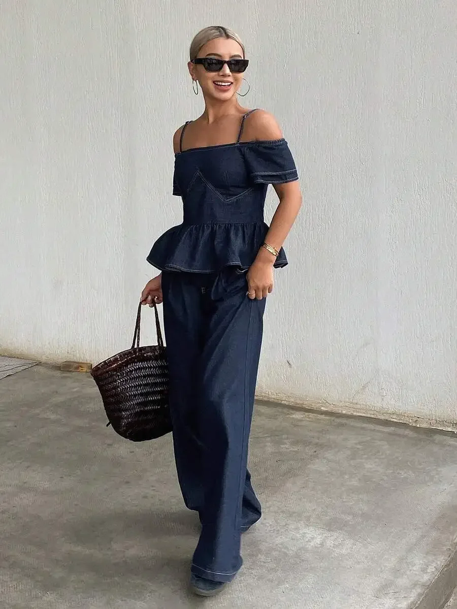 Off Shoulder Ruffle Top And Wide Leg Denim Jeans Set
Off Shoulder Ruffle Top And Wide Leg Denim Jeans Set