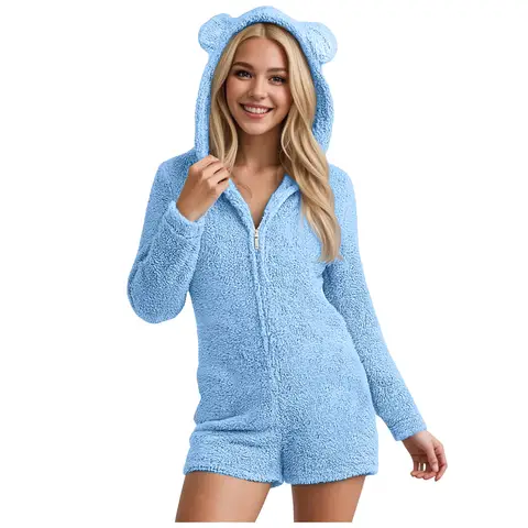 European And American Long Sleeved Hooded Jumpsuit Home Wear Cute Plush One-Piece Suit For Womens Autumn And Winter Sexy Rompers