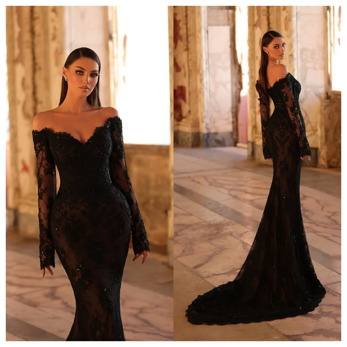 Customized Luxury Black Lace Evening Dress Boat Neck Off the Shoulder Long Sleeves Celebrity Gowns Vestido De Festa Sparkly
Customized Luxury Black Lace Evening Dress Boat Neck Off the Shoulder Long Sleeves Celebrity Gowns Vestido De Festa Sparkly