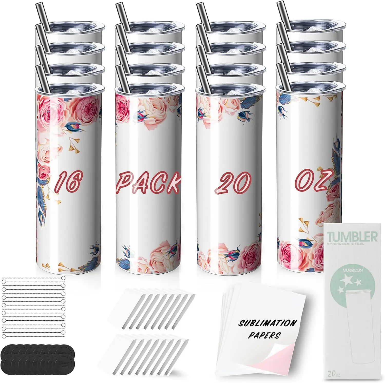16 Pack Sublimation Tumblers 20 oz Skinny, Stainless Steel Insulated Blanks with Lid, Straw, Paper, Boxed
16 Pack Sublimation Tumblers 20 oz Skinny, Stainless Steel Insulated Blanks with Lid, Straw, Paper, Boxed