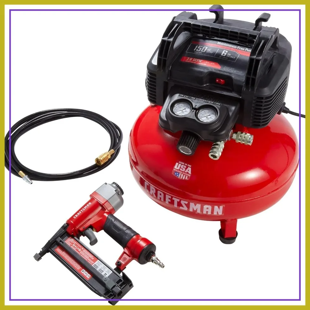 Brad Nailer and Air Compressor Combo Kit with Hose, 150 PSI, 18-Gauge, Portable Oil-Free
Brad Nailer and Air Compressor Combo Kit with Hose, 150 PSI, 18-Gauge, Portable Oil-Free
