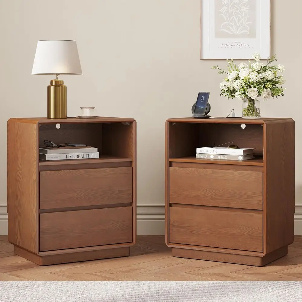 Wood Nightstand Set of 2, Natural Wood Night Stand with Charging Station, Mid Century Modern Nightstand with 2 Drawers and Stor
Wood Nightstand Set of 2, Natural Wood Night Stand with Charging Station, Mid Century Modern Nightstand with 2 Drawers and Stor