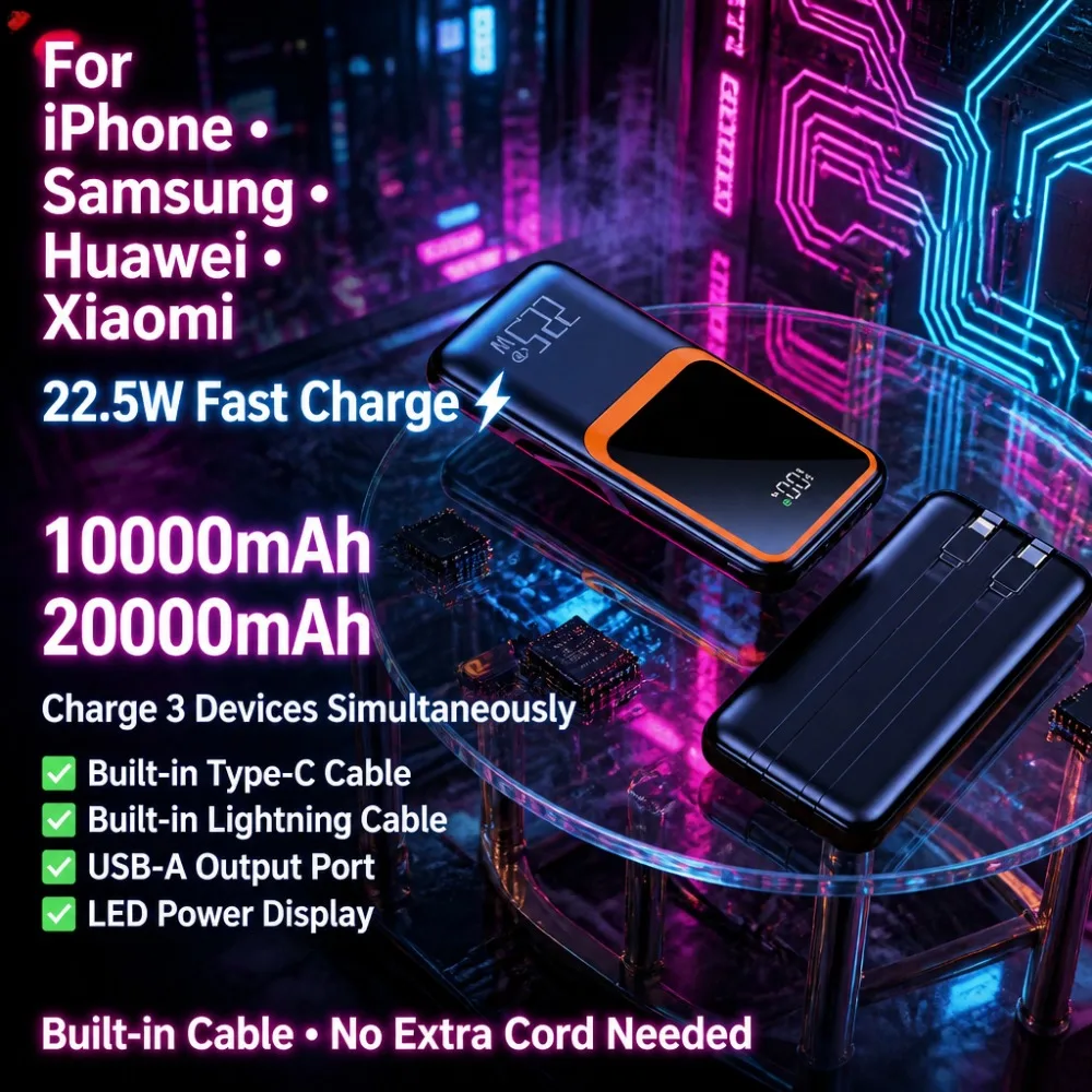 20000mAh 10000mAh Power Bank with Built-in Cable, Fast Charging Portable Charger USB C Battery Pack for Phone ForApple, Samsung
20000mAh 10000mAh Power Bank with Built-in Cable, Fast Charging Portable Charger USB C Battery Pack for Phone ForApple, Samsung