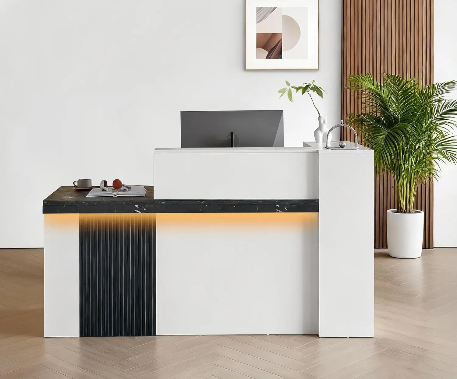 71" L-Shaped Reception Desk with LED Lights & Keybord Tray, Modern Front Desk Counter with Lockable Drawer, Storage, Customized
71" L-Shaped Reception Desk with LED Lights & Keybord Tray, Modern Front Desk Counter with Lockable Drawer, Storage, Customized