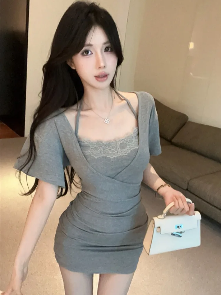 Korean Style Pure Desire Short Lace Splice Neck Hanging Strap Waist Cinched Bodycon Dress Women's Summer Fashion Two Piece Set
Korean Style Pure Desire Short Lace Splice Neck Hanging Strap Waist Cinched Bodycon Dress Women's Summer Fashion Two Piece Set