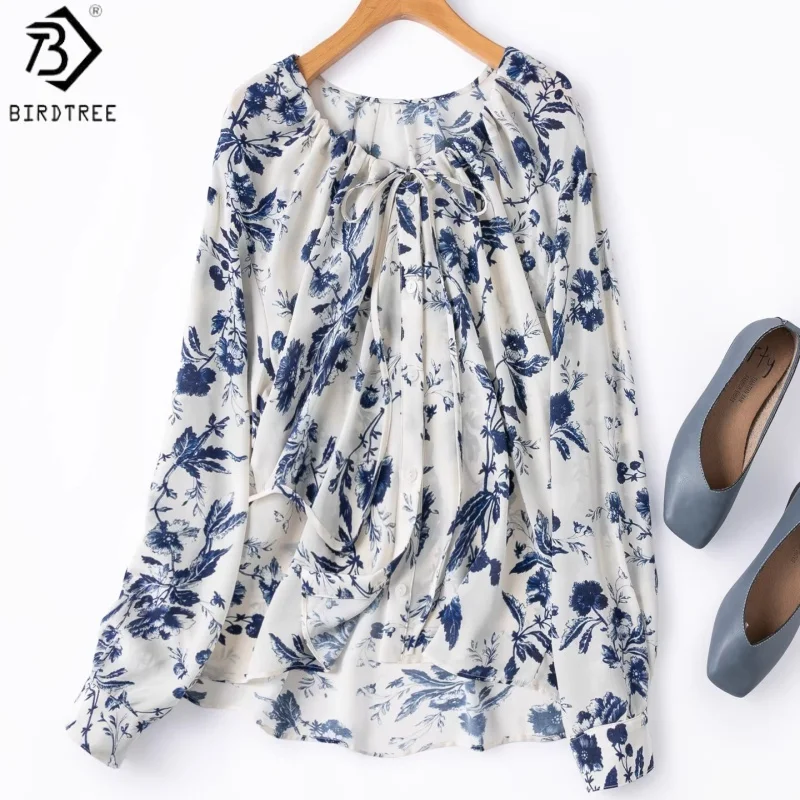 Birdtree, 100% Silk Printed Blouse, Drawstring V-neck Full Sleeve Tops, Women Double Crepe Loose Shirt, 2026 Spring New T64322JF
Birdtree, 100% Silk Printed Blouse, Drawstring V-neck Full Sleeve Tops, Women Double Crepe Loose Shirt, 2026 Spring New T64322JF