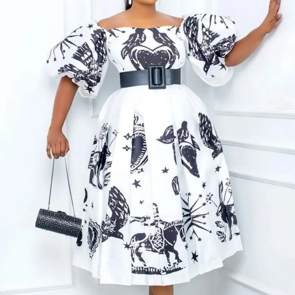 Women's printed one shoulder bubble sleeve high waisted belt style plus size dress
Women's printed one shoulder bubble sleeve high waisted belt style plus size dress