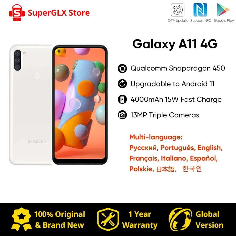100% Original New Samsung Galaxy A11 4G Smartphone Snapdragon 450 Android 10 4000mAh Battery 15W Fast Charging MobilePhone
100% Original New Samsung Galaxy A11 4G Smartphone Snapdragon 450 Android 10 4000mAh Battery 15W Fast Charging MobilePhone