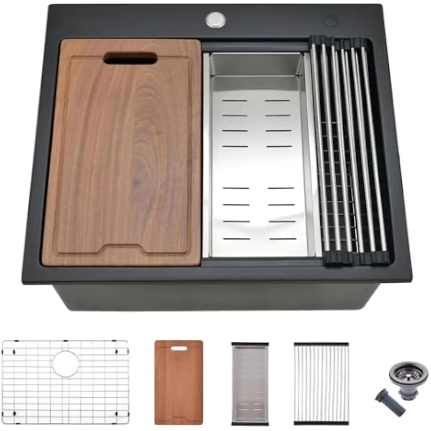 23 Inch Drop in Kitchen Sink Workstation Black - 23X22 Black Drop-In Top Mount Sink Single Bowl Quartz Sink with Cutting Board
23 Inch Drop in Kitchen Sink Workstation Black - 23X22 Black Drop-In Top Mount Sink Single Bowl Quartz Sink with Cutting Board