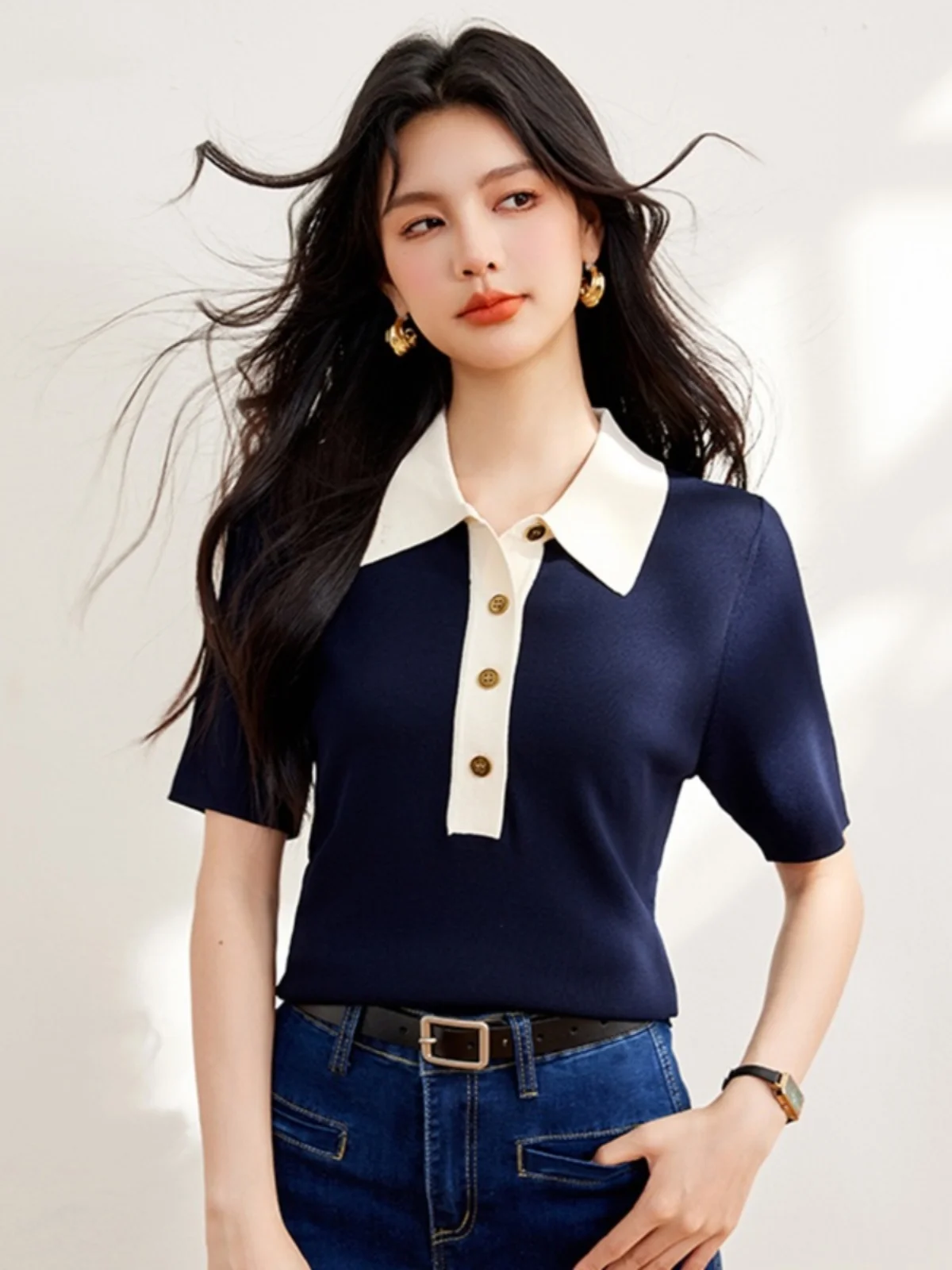 Blue ort Sve Ice Silk Knitted irt Women's Summer New Sle Thin irt Commute Sle Slim Fit Polyester Fiber
Blue ort Sve Ice Silk Knitted irt Women's Summer New Sle Thin irt Commute Sle Slim Fit Polyester Fiber