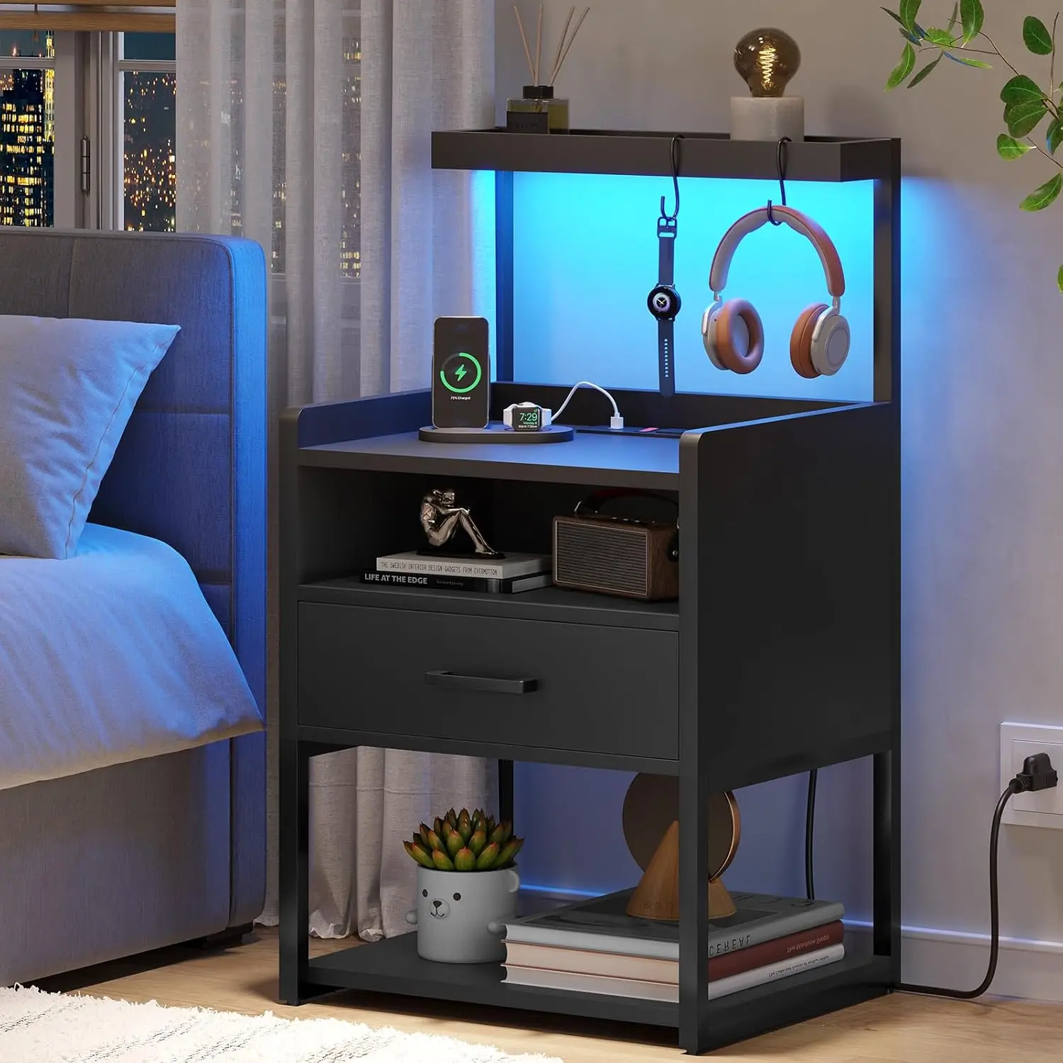 Nightstand with Charging Station and LED Lights, Black Night Stand with Drawer, Modern End Side Table with Open Storage Shelves
Nightstand with Charging Station and LED Lights, Black Night Stand with Drawer, Modern End Side Table with Open Storage Shelves