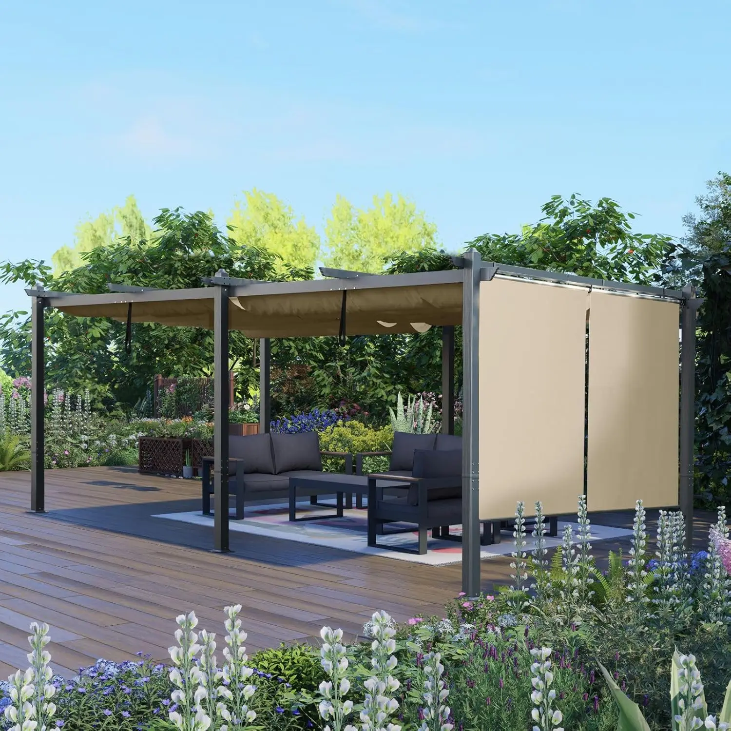 12 x 20 ft Outdoor Pergola with Retractable Shade Canopy, Dark Gray Matte Aluminum Frame, 2 Pieces Roller Shade Curtain
12 x 20 ft Outdoor Pergola with Retractable Shade Canopy, Dark Gray Matte Aluminum Frame, 2 Pieces Roller Shade Curtain