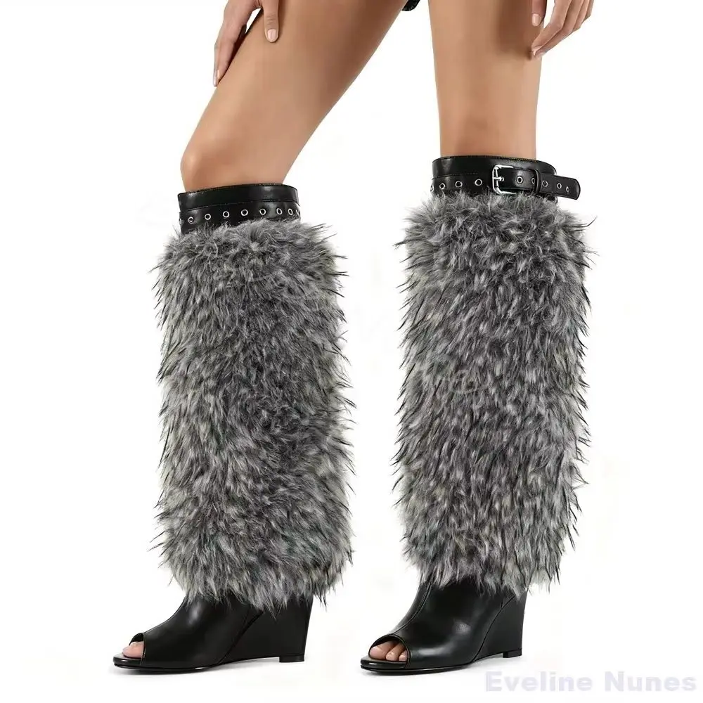 Peep Toe Wedges Plush Boots Women Black Leather Belt Buckle Slip On Fashion Knee High Boots 2026 Sexy New Catwalk Party Boots
Peep Toe Wedges Plush Boots Women Black Leather Belt Buckle Slip On Fashion Knee High Boots 2026 Sexy New Catwalk Party Boots