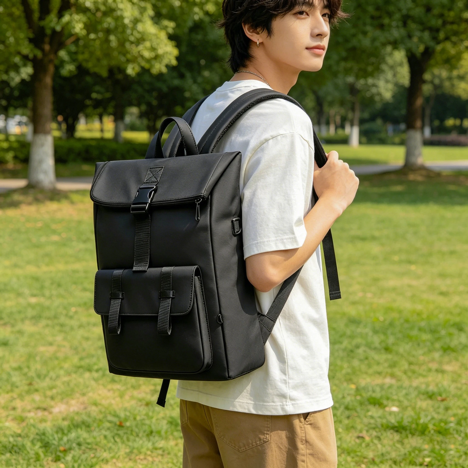 Waterproof PVC film double-shoulder bag with flip cover and lock 16-inch computer backpack, simple student schoolbag
Waterproof PVC film double-shoulder bag with flip cover and lock 16-inch computer backpack, simple student schoolbag
