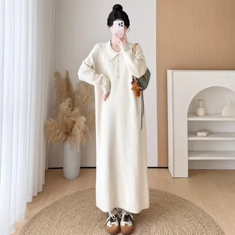 New Women Casual Sweater Dress Autumn Winter Fashion Button Turn-down Collar Long Sleeve Loose Knitted Dress Basic Long Sweater
New Women Casual Sweater Dress Autumn Winter Fashion Button Turn-down Collar Long Sleeve Loose Knitted Dress Basic Long Sweater