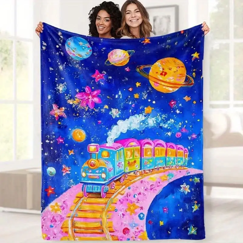 Solar System Train Journey Flannel Blanket - Soft Celestial Bedspread with Planets, Stars, Vintage Train & Astronaut Deco
Solar System Train Journey Flannel Blanket - Soft Celestial Bedspread with Planets, Stars, Vintage Train & Astronaut Deco