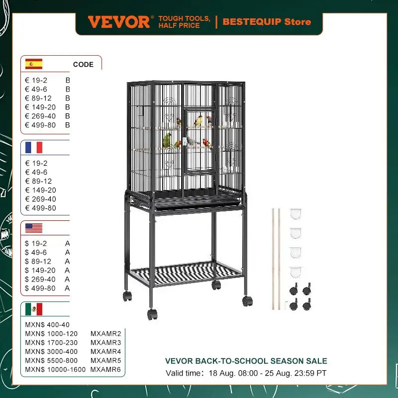 VEVOR 52/54 inch Standing Large Flight Bird Cage Carbon Steel Parakeets Cages with Rolling Stand and Tray for Cockatiels Parrots
VEVOR 52/54 inch Standing Large Flight Bird Cage Carbon Steel Parakeets Cages with Rolling Stand and Tray for Cockatiels Parrots